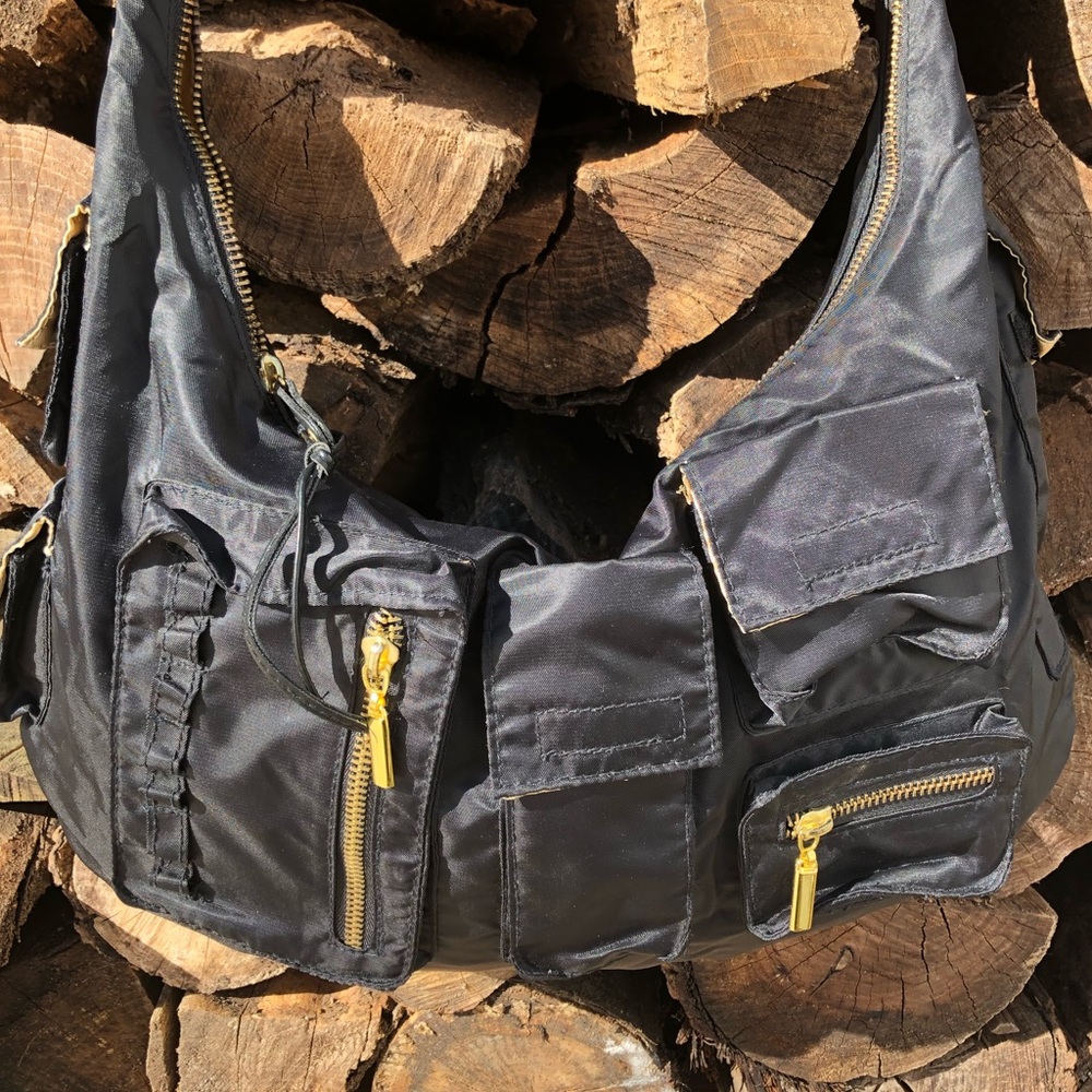 - Black Nylon Pocketed Moto Shoulder Bag! EUC!